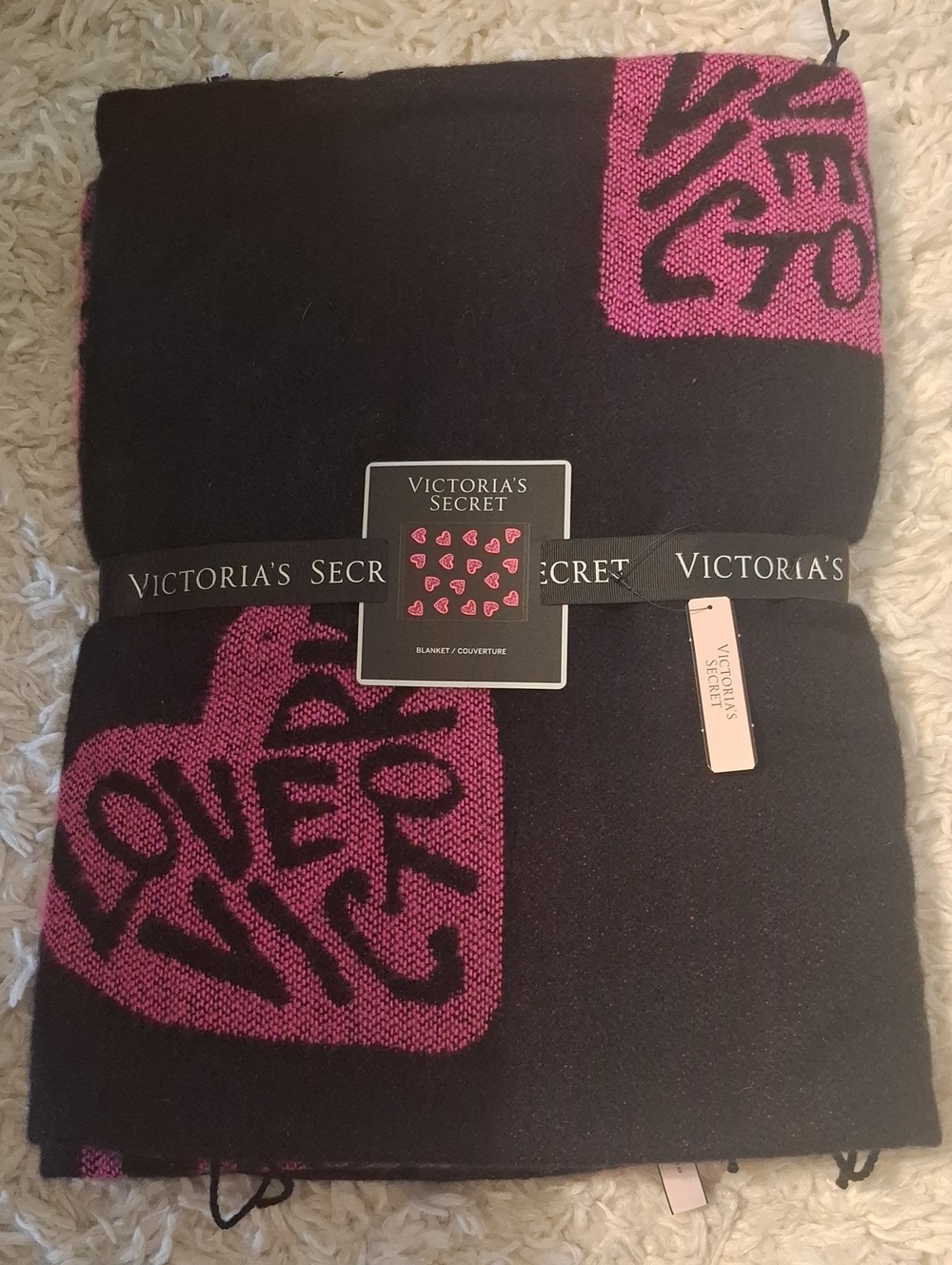 Victoria's Secret Black and Hot Pink 'Love' Heart Blanket